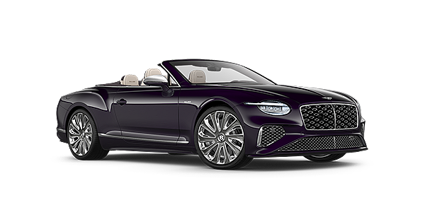Audi Zentrum Chemnitz Bentley New Continental GTC Mulliner convertible front three quarter view in Damson paint with 22 inch Mulliner painted and polished wheel